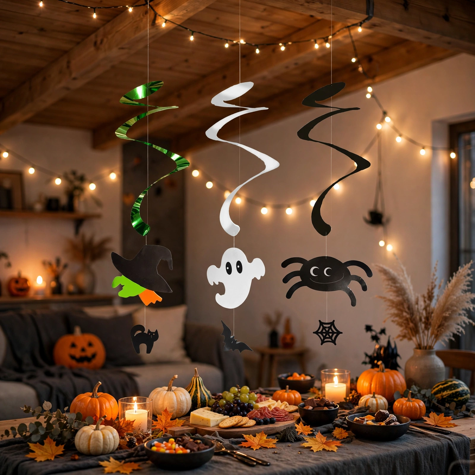 Hanging Halloween spiral decorations with ghost and bat cutouts above a party table