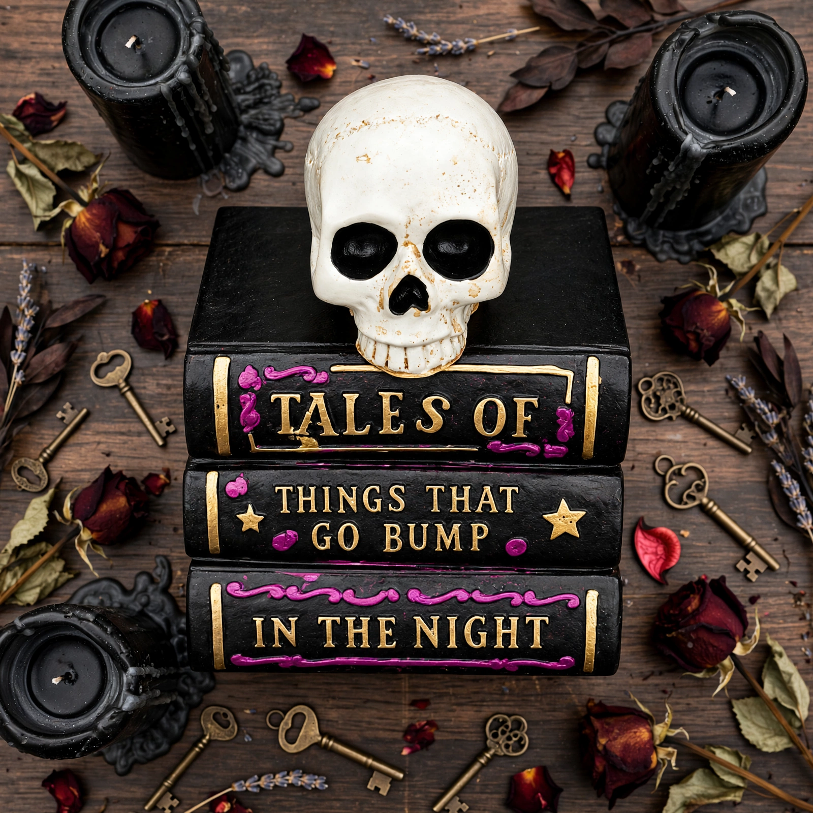 Stacked Halloween spell books with skull flat lay and candles