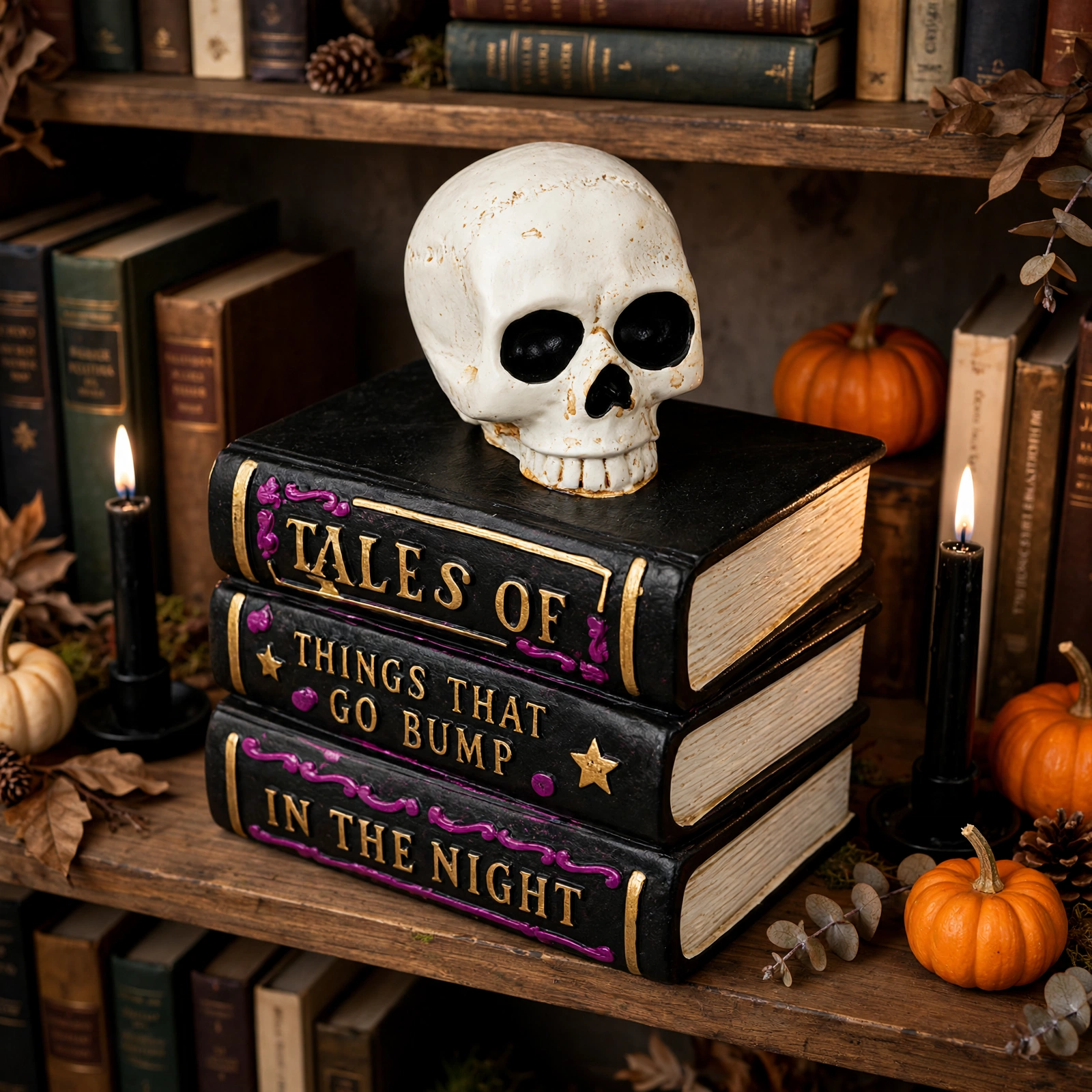 Stacked Halloween books with skull on a bookshelf styled for spooky season