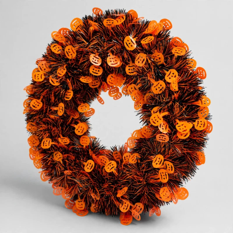 Orange and black Halloween tinsel door wreath with pumpkin cut-outs, three-quarter angle