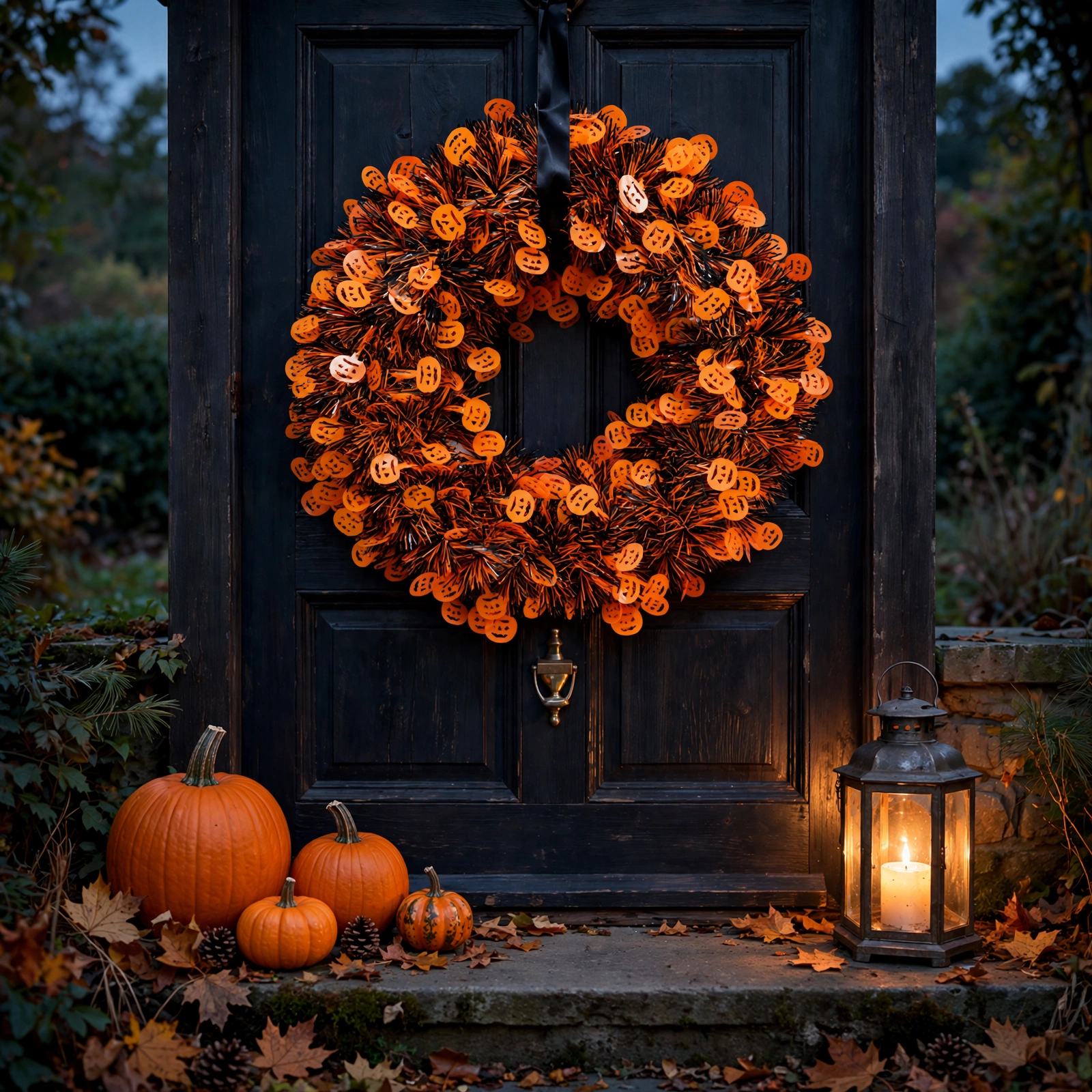 Halloween tinsel wreath hanging on a front door