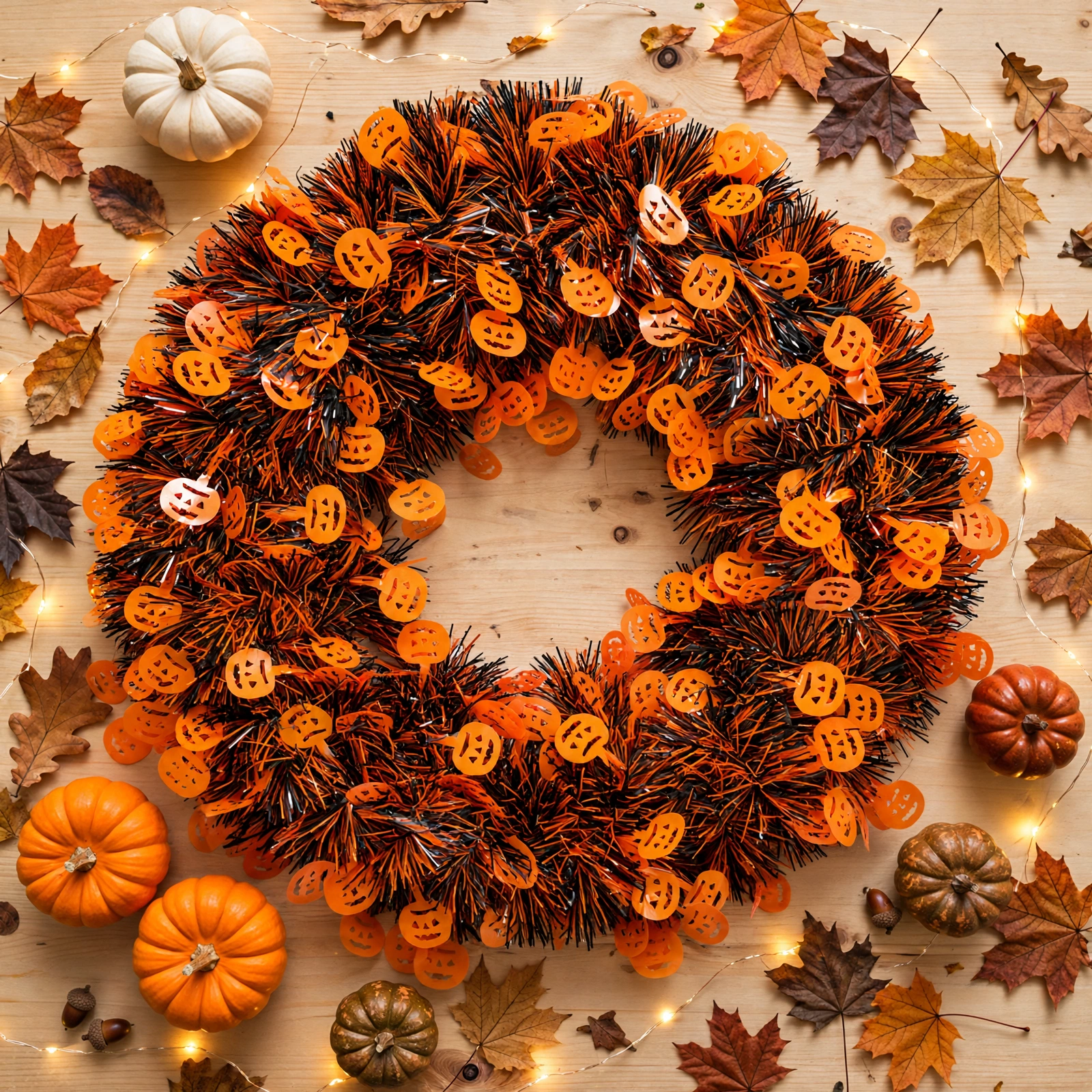 Halloween tinsel wreath styled flat lay with autumn decorations