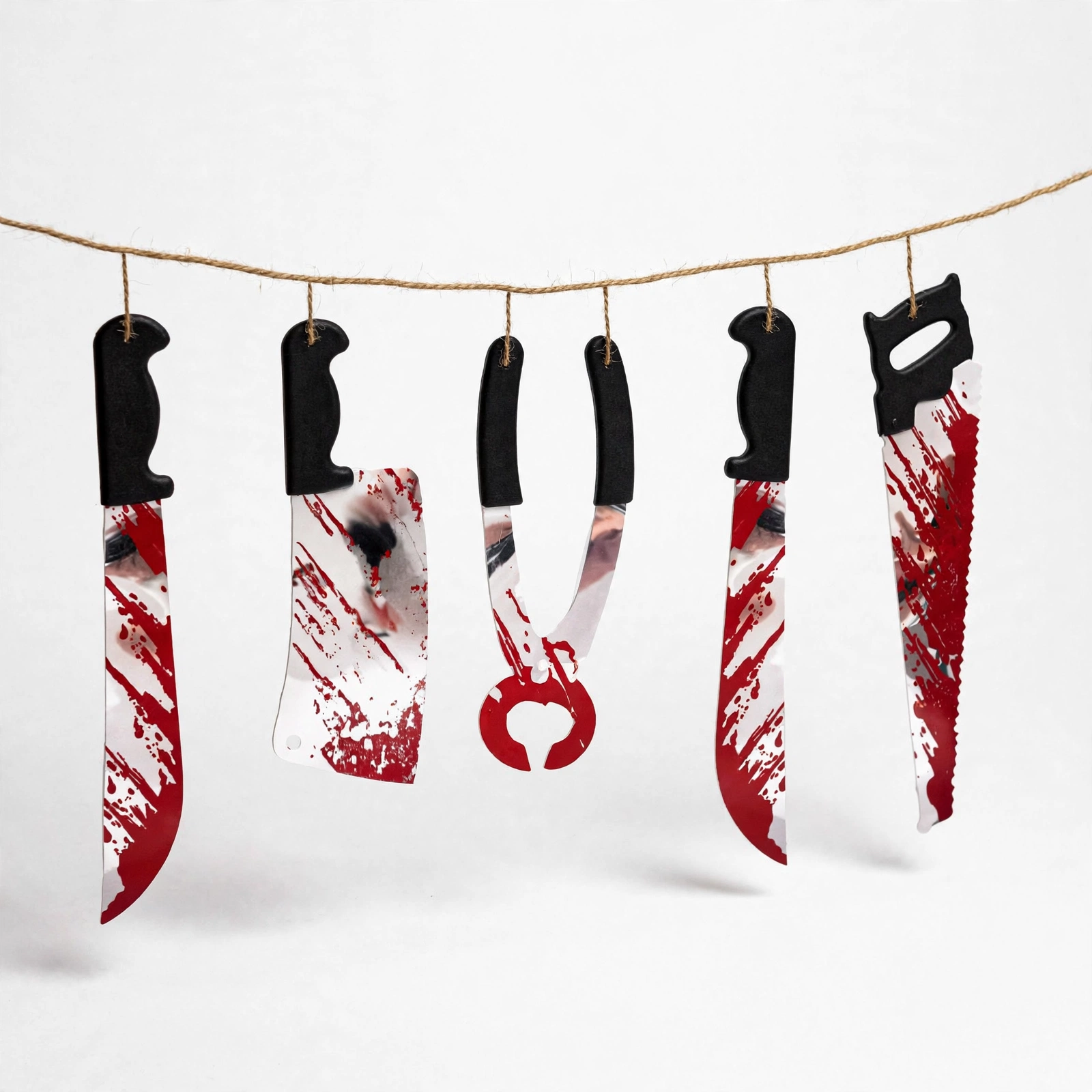 Halloween Torture Tool Garland Angled View Halloween torture tool garland at an angle showing the hanging cutouts