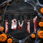 Flat lay of the Halloween torture tool garland with bloody cutouts