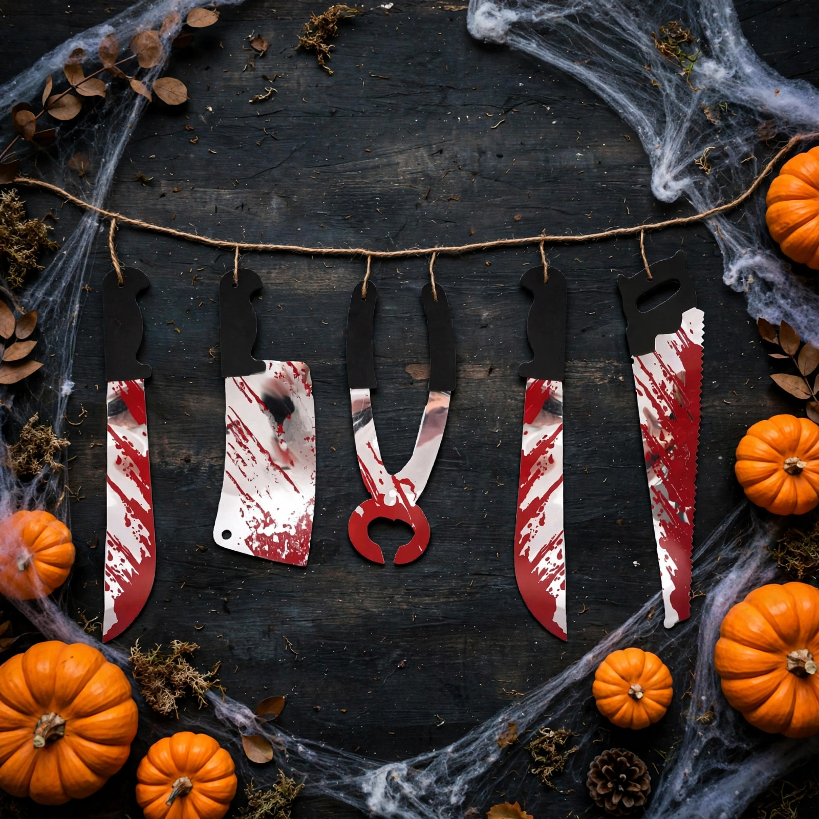 Flat lay of the Halloween torture tool garland with bloody cutouts