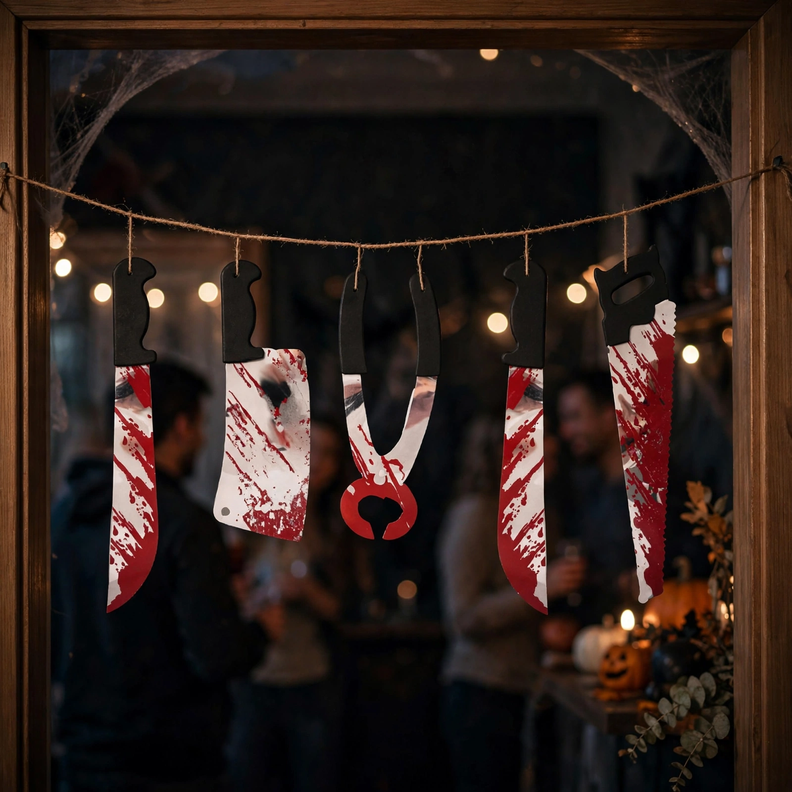 Halloween torture tool garland hanging across a party doorway
