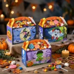 Large Halloween treat boxes filled with colourful sweets at a party