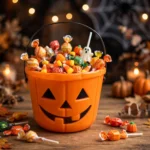 Orange Halloween trick or treat bucket overflowing with colourful wrapped sweets