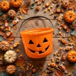 Flat lay of the orange Halloween pumpkin bucket with autumn decorations and sweets
