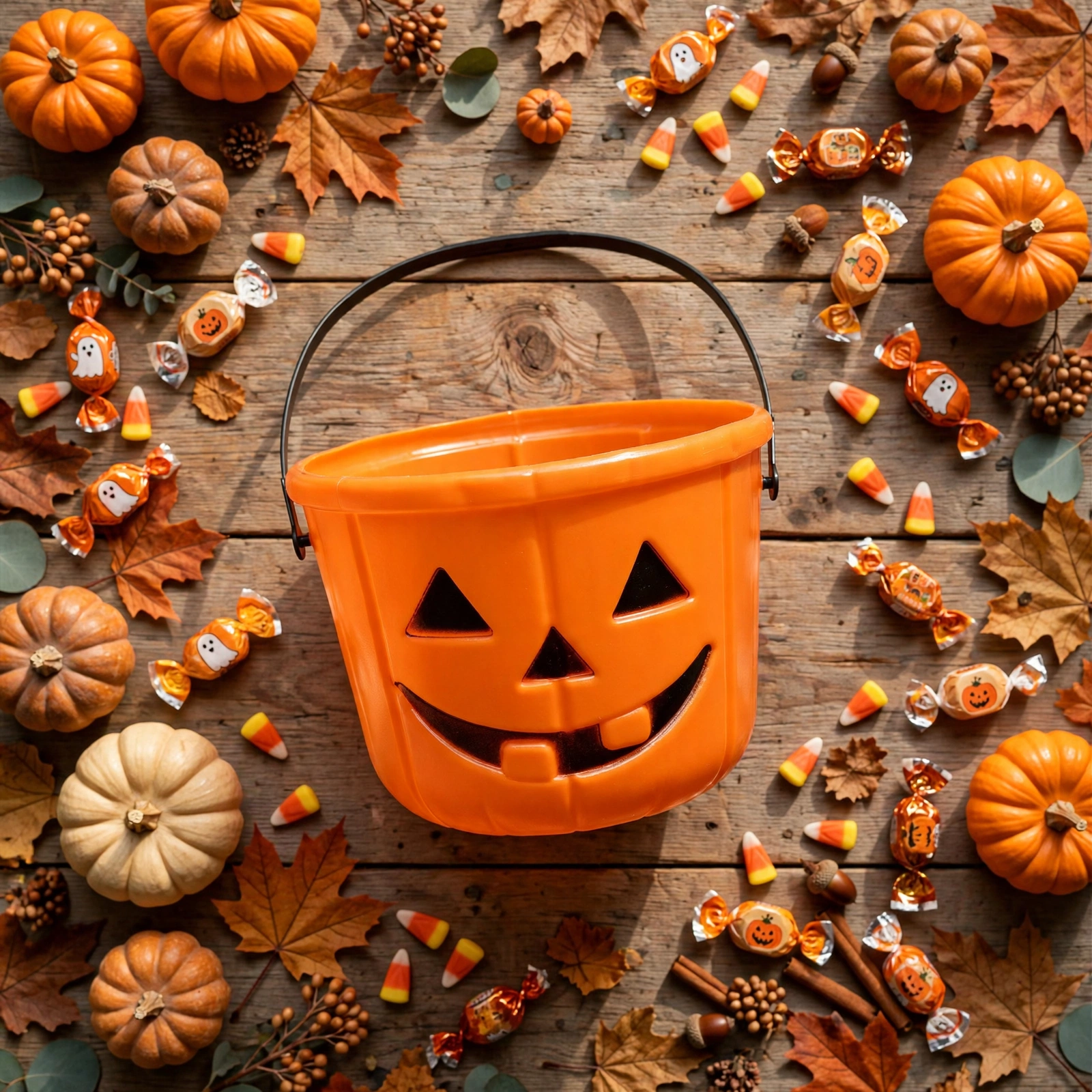 Flat lay of the orange Halloween pumpkin bucket with autumn decorations and sweets
