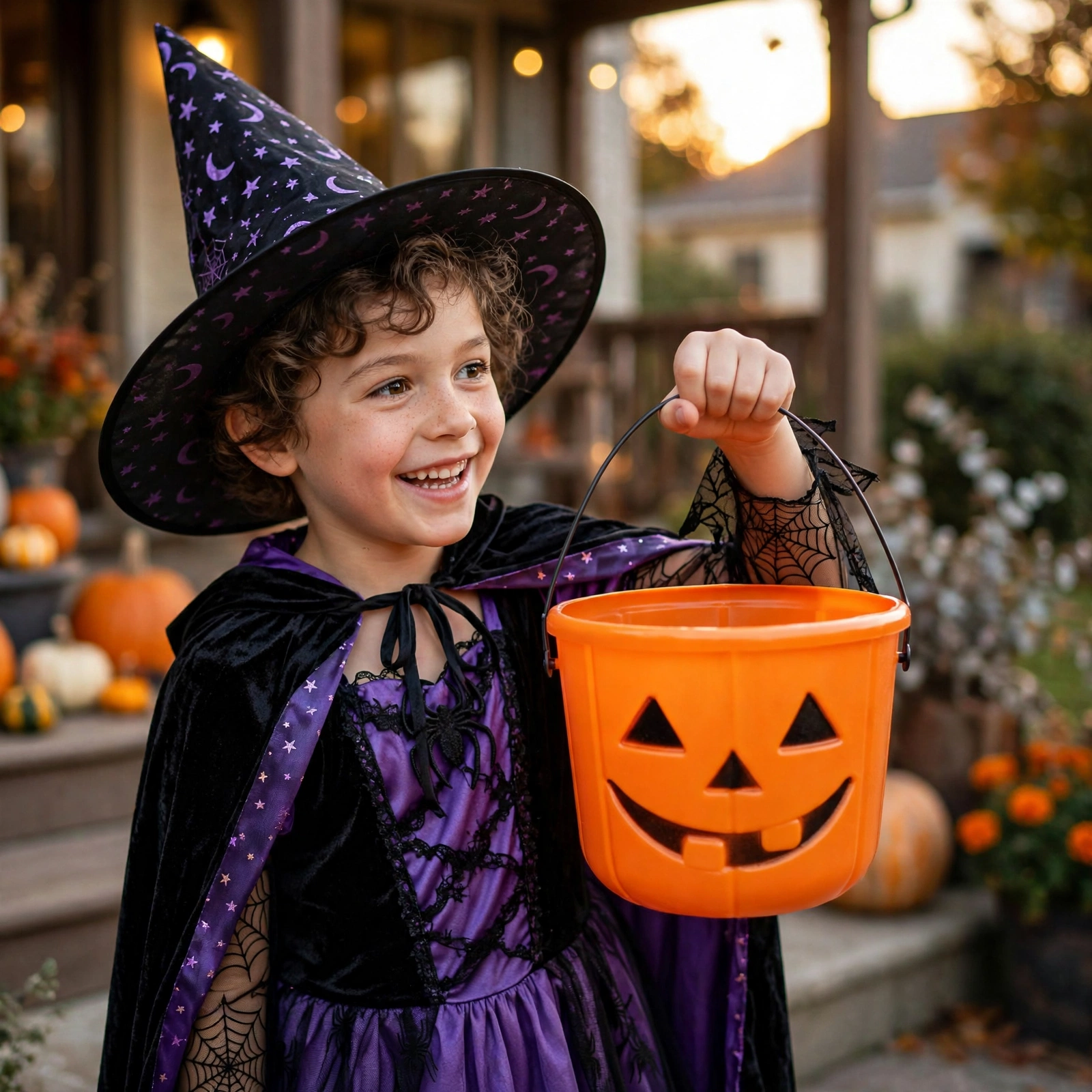 Child in witch costume holding the orange pumpkin Halloween candy bucket