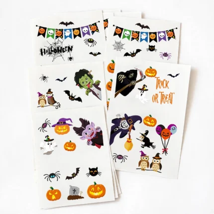 Halloween window sticker sheets fanned out, three-quarter angle view