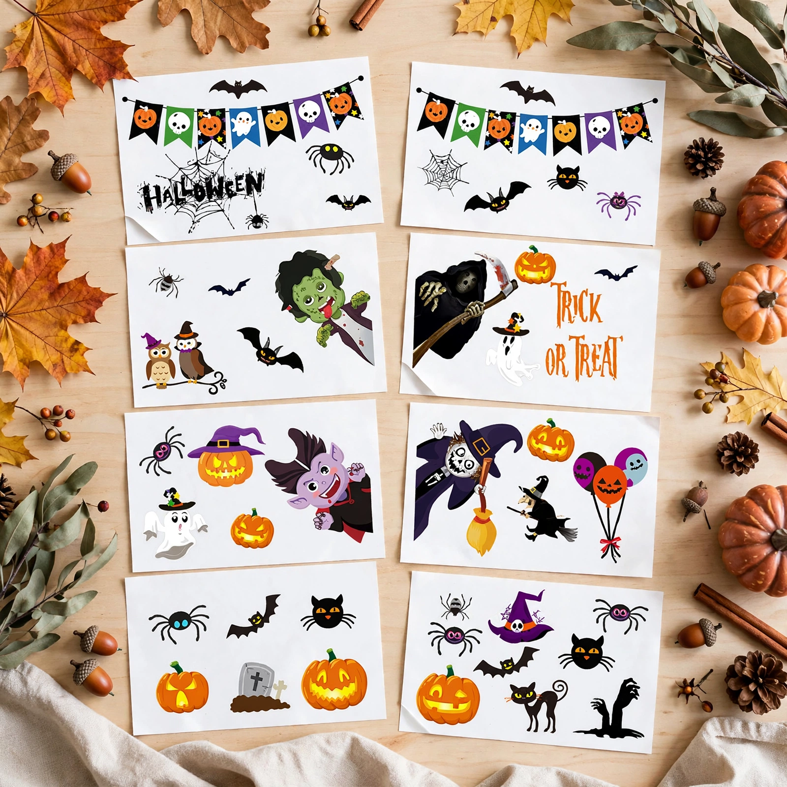 Nine sheets of Halloween window stickers laid out flat