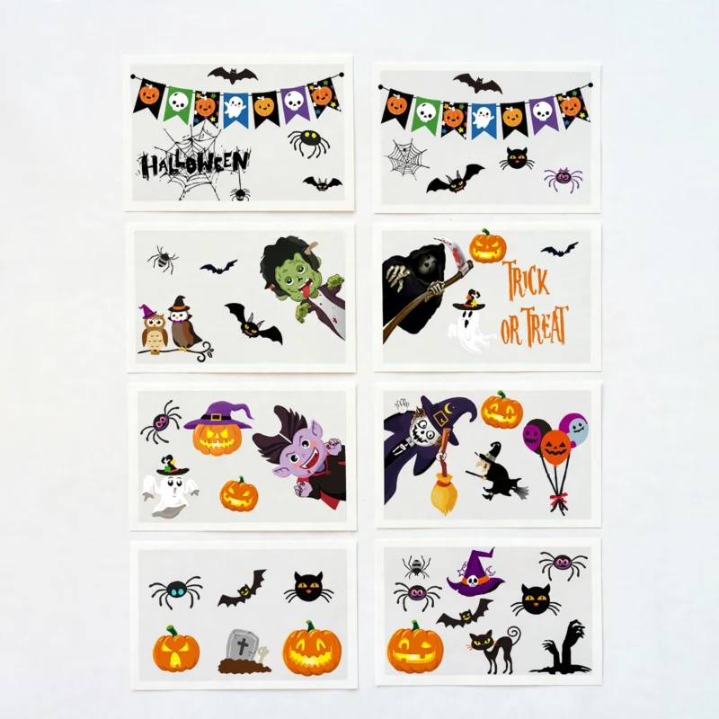 Nine sheets of Halloween window stickers with spooky designs, front view