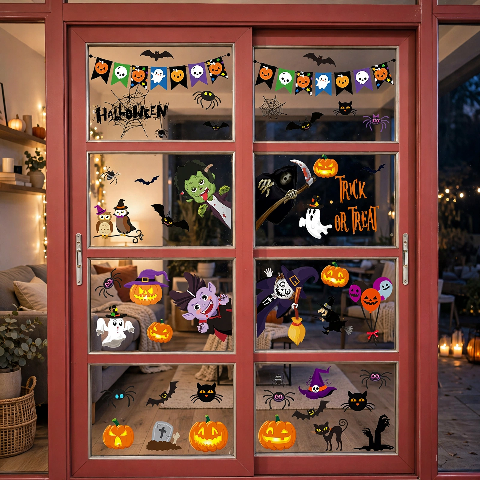 Halloween window stickers applied to a glass door