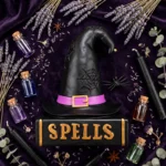 Flat lay of the witch hat spell book figurine with potion bottles and dried lavender