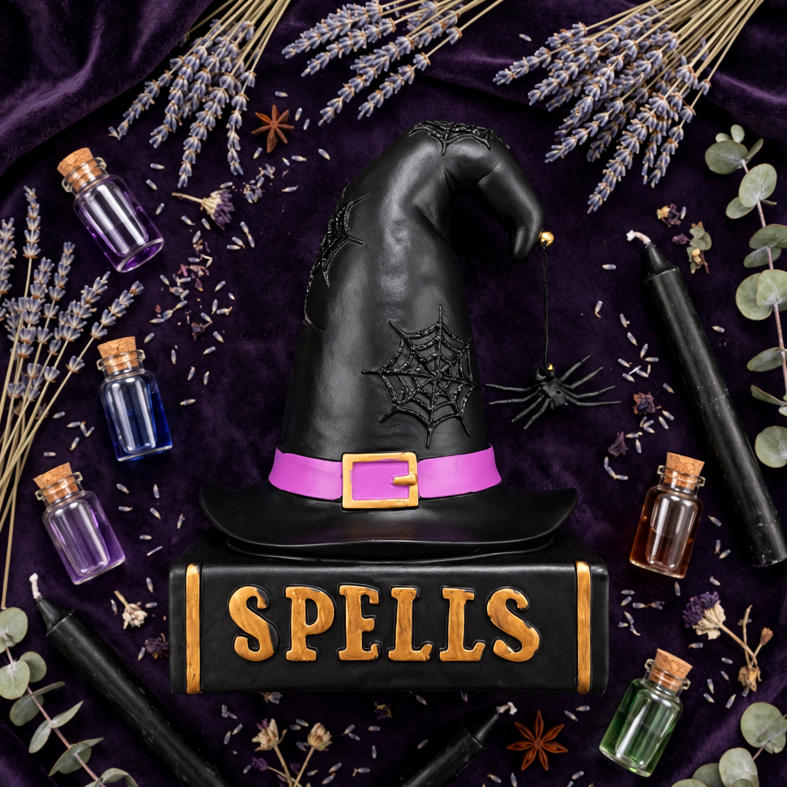 Witch hat spell book figurine flat lay with potion bottles and dried lavender