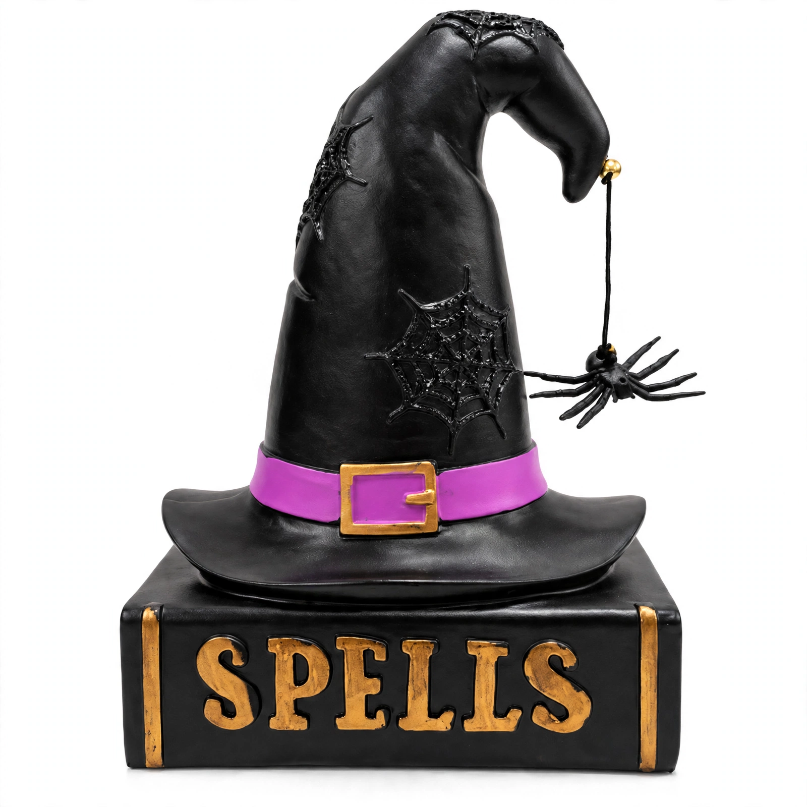 Witch Hat Spell Book Figurine Front View Black witch hat on a spell book resin figurine with purple band and gold SPELLS lettering, front view