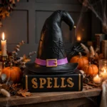 Witch hat spell book figurine styled on a Halloween mantel with pumpkins