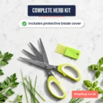 Herb scissors with blade cover and fresh herbs, top-down flat lay