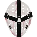 White horror hockey mask with black straps and metal rivets, back view