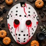 Flat lay of the white horror mask with Halloween decorations