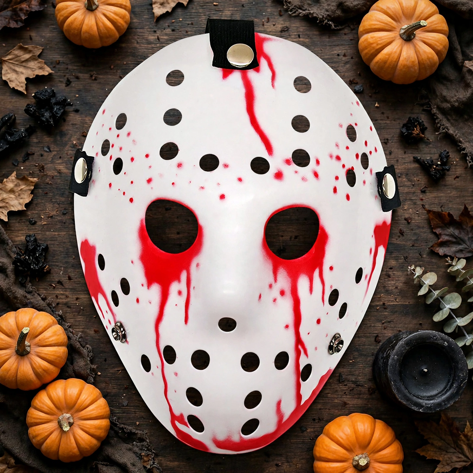 Flat lay of the white horror hockey mask with Halloween props