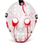 White horror hockey mask with red blood splatter, front view