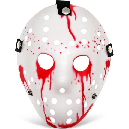 White horror hockey mask with red blood splatter, front view