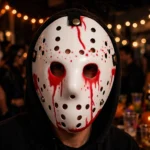 Person wearing the white horror hockey mask at a Halloween party