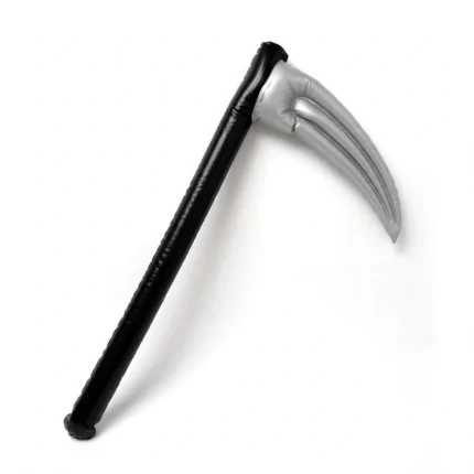 Inflatable devil scythe Halloween prop, three-quarter angle view