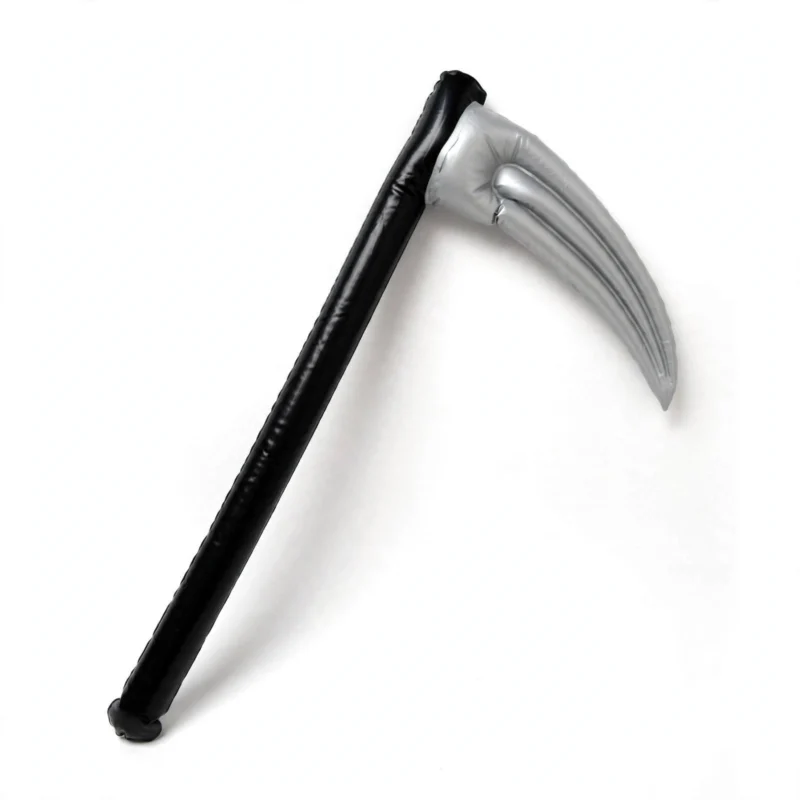 Inflatable devil scythe Halloween prop, three-quarter angle view
