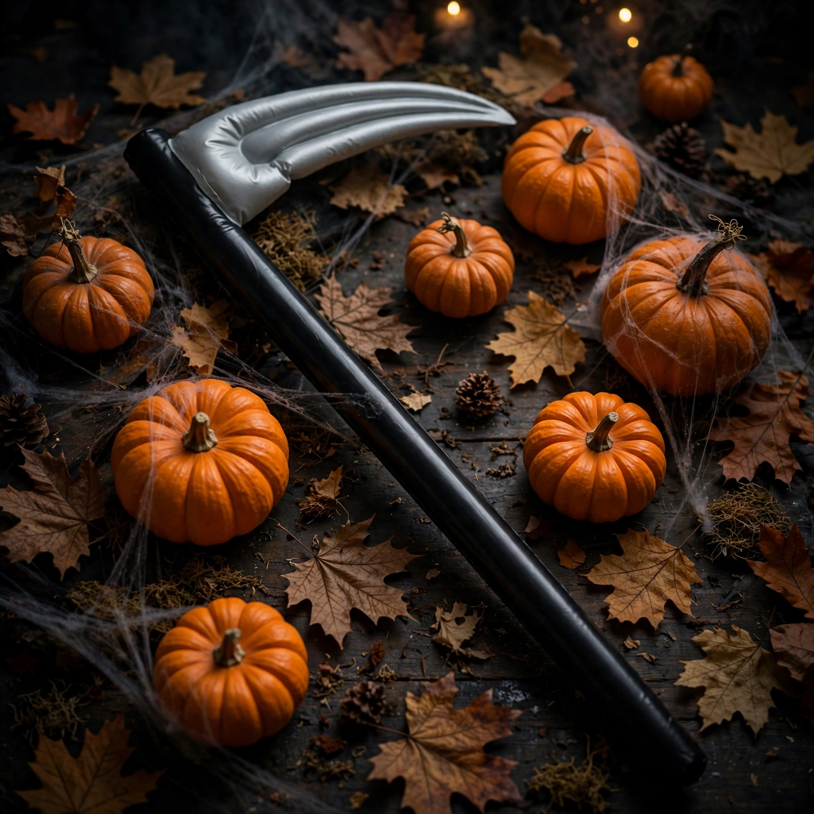 Inflatable Halloween scythe styled with pumpkins and spooky decor