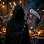 Person in grim reaper costume holding the inflatable Halloween scythe
