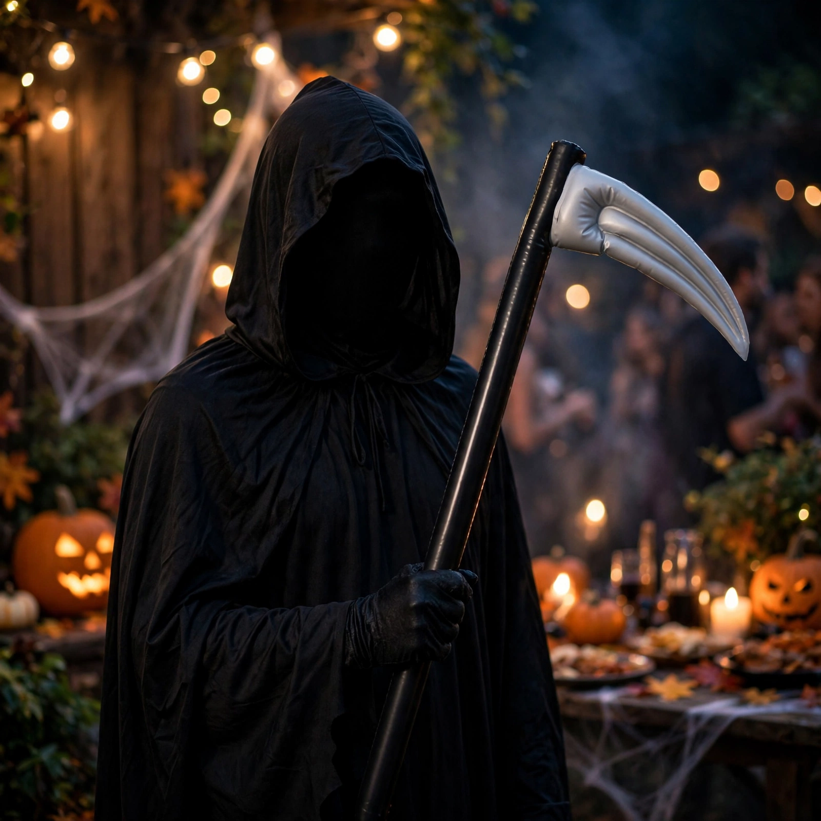 Person in grim reaper costume holding the inflatable Halloween scythe