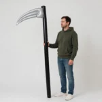 Inflatable Halloween scythe held upright showing its 100cm scale