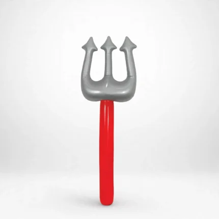 Inflatable devils fork with silver trident head and red handle, front view