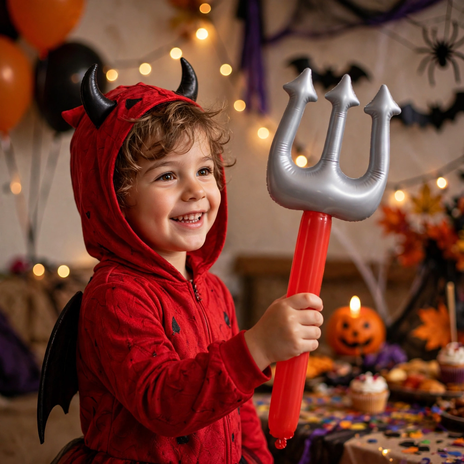 Child in devil costume holding the inflatable devils fork