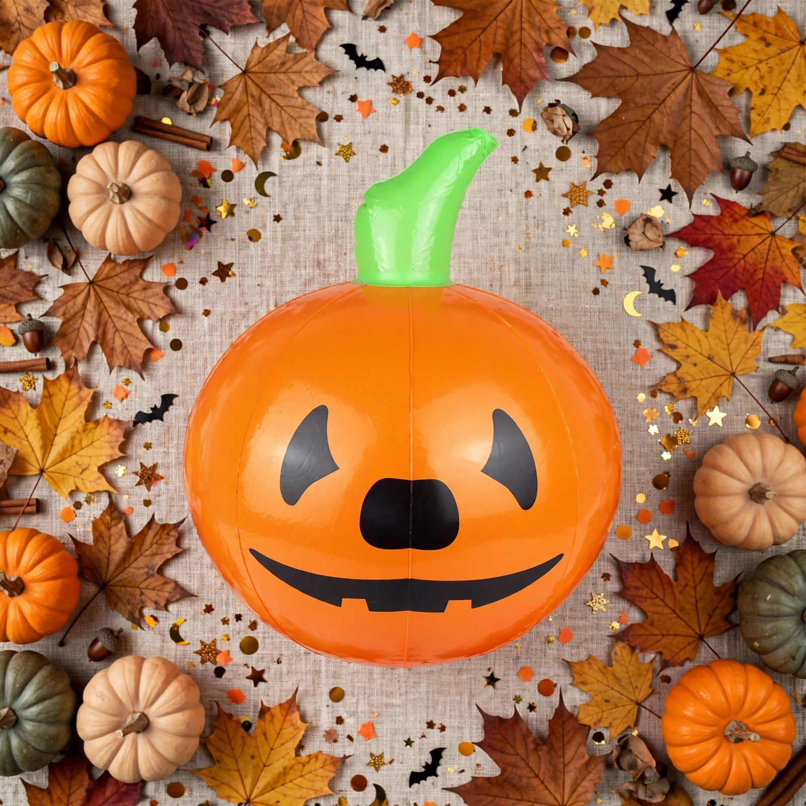 Inflatable Halloween pumpkin with decorations flat lay