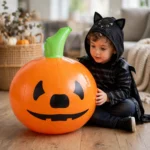 Inflatable pumpkin next to a child showing scale
