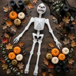 Inflatable Halloween skeleton with Halloween decorations flat lay