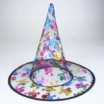Close-up of the confetti mesh print on the kids witch Halloween hat