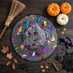 Flat lay of the multicoloured kids witch Halloween hat with costume accessories