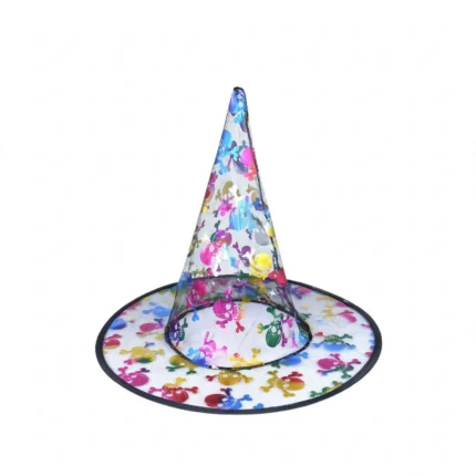Multicoloured kids witch Halloween hat in confetti mesh, front view