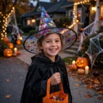 Child wearing the multicoloured mesh witch Halloween hat with a witch costume