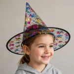 Child trying on the multicoloured witch Halloween hat to show its kids size