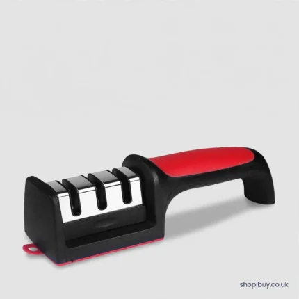 Black 3-in-1 pull-through knife sharpener with stainless steel sharpening head and red soft-grip handle