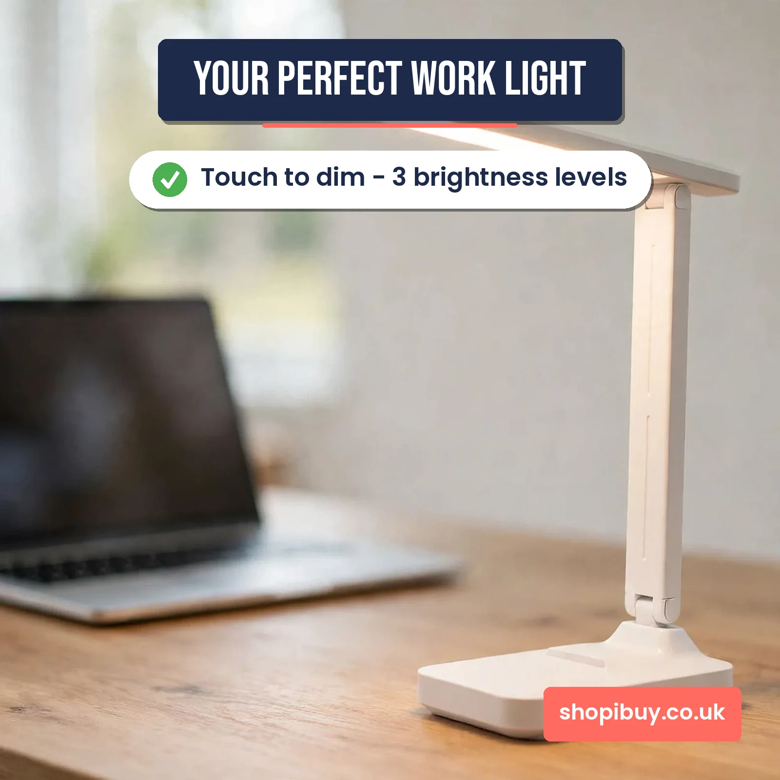 LED desk lamp glowing over a home office desk with a laptop in the background