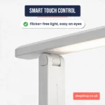 Close-up of the LED desk lamp hinge and glowing light bar