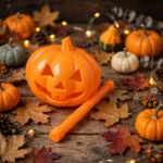 Light up Halloween pumpkin on a stick with autumn decorations